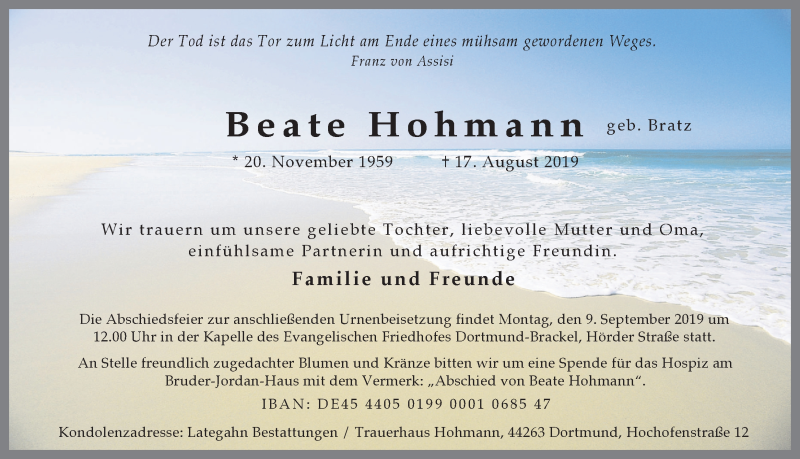  Traueranzeige für Beate Hohmann vom 31.08.2019 aus Ruhr Nachrichten