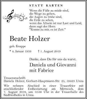 Traueranzeige von Beate Holzer von Hellweger Anzeiger