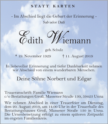 Traueranzeige von Edith Wiemann von Hellweger Anzeiger