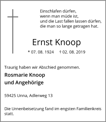 Traueranzeige von Ernst Knoop von Hellweger Anzeiger