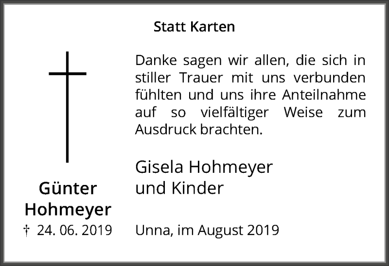  Traueranzeige für Günter Hohmeyer vom 03.08.2019 aus Hellweger Anzeiger