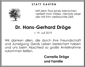 Traueranzeige von Hans-Gerhard Dröge