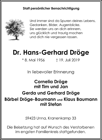 Traueranzeige von Hans-Gerhard Dröge