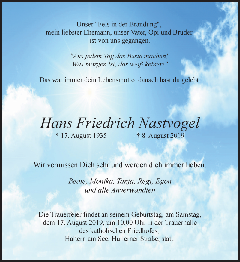  Traueranzeige für Hans Friedrich Nastvogel vom 14.08.2019 aus Ruhr Nachrichten und Halterner Zeitung