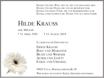 Traueranzeige von Hilde Krauss von Hellweger Anzeiger