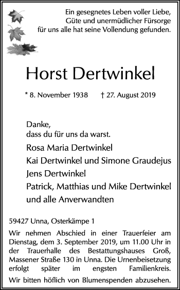 Traueranzeige von Horst Dertwinkel von Ruhr Nachrichten