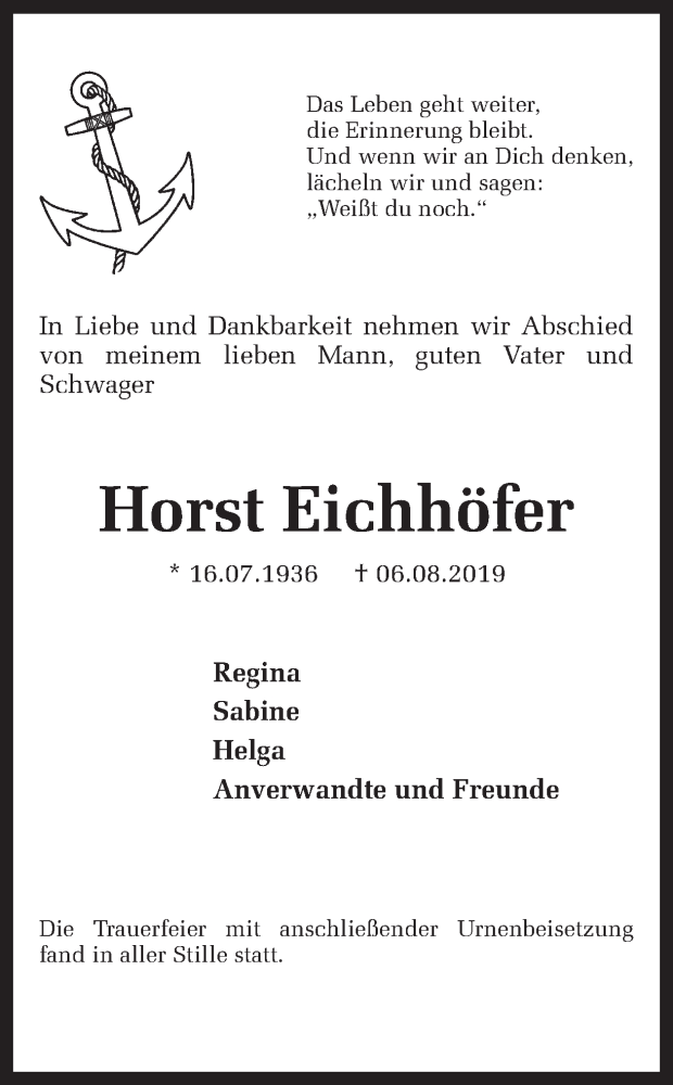  Traueranzeige für Horst Eichhöfer vom 17.08.2019 aus Ruhr Nachrichten