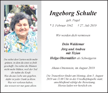 Traueranzeige von Ingeborg Schulte von Münstersche Zeitung und Münsterland Zeitung