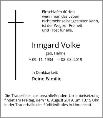 Traueranzeige von Irmgard Volke von Hellweger Anzeiger