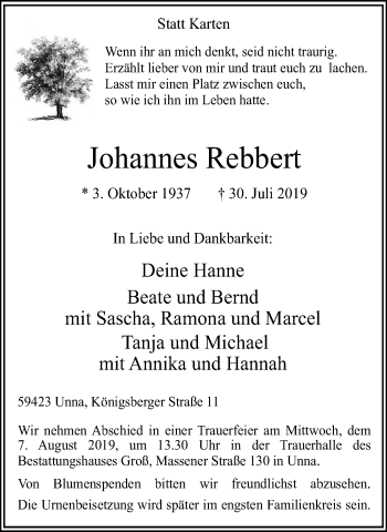 Traueranzeige von Johannes Rebbert von Hellweger Anzeiger