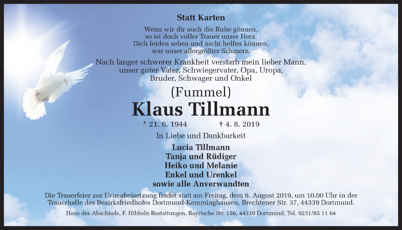  Traueranzeige für Klaus Tillmann vom 07.08.2019 aus Ruhr Nachrichten