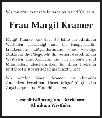 Traueranzeige von Margit Kramer von Ruhr Nachrichten