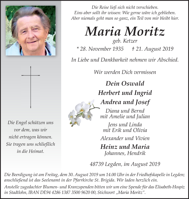  Traueranzeige für Maria Moritz vom 24.08.2019 aus Münstersche Zeitung und Münsterland Zeitung