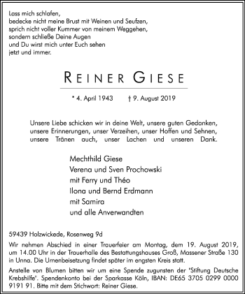Traueranzeige von Reiner Giese von Hellweger Anzeiger