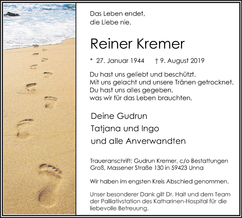  Traueranzeige für Reiner Kremer vom 17.08.2019 aus Hellweger Anzeiger