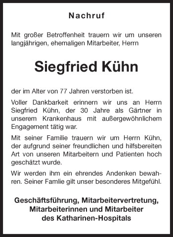 Traueranzeige von Siegfried Kühn von Hellweger Anzeiger