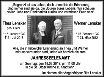 Traueranzeige von Thea und Werner Lensker von Münstersche Zeitung und Münsterland Zeitung
