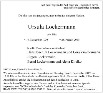 Traueranzeige von Ursula Lockermann von Hellweger Anzeiger