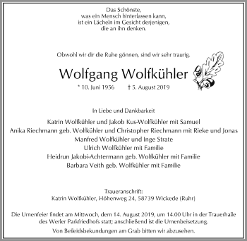 Traueranzeige von Wolfgang Wolfkühler von Hellweger Anzeiger