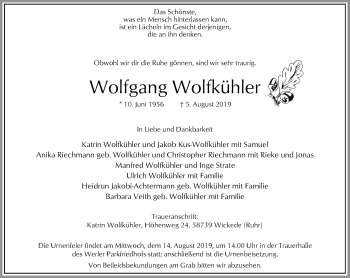 Traueranzeige von Wolfgang Wolfkühler von Ruhr Nachrichten