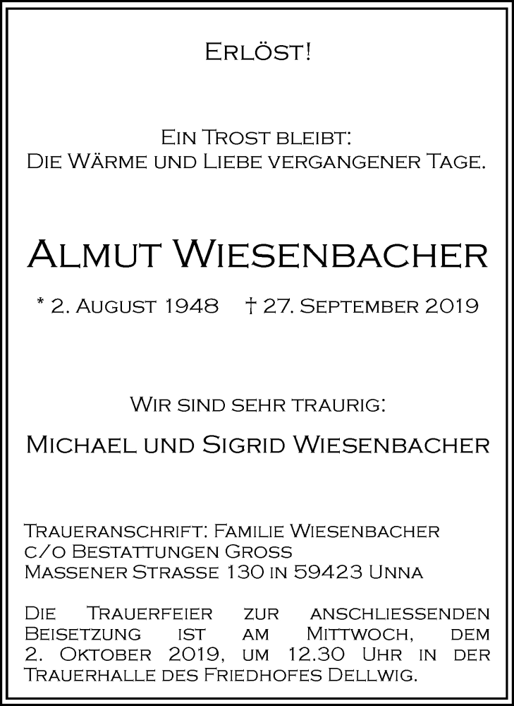  Traueranzeige für Almut Wiesenbacher vom 30.09.2019 aus Hellweger Anzeiger