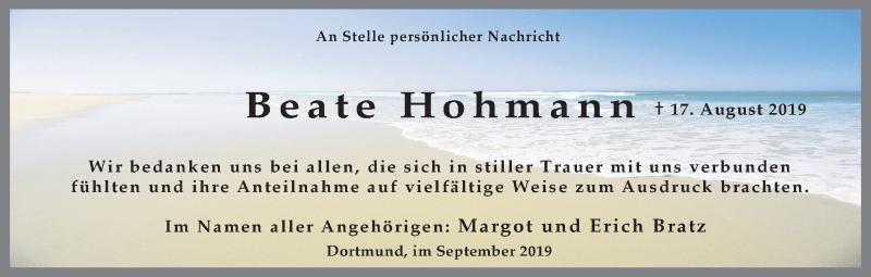  Traueranzeige für Beate Hohmann vom 28.09.2019 aus Ruhr Nachrichten