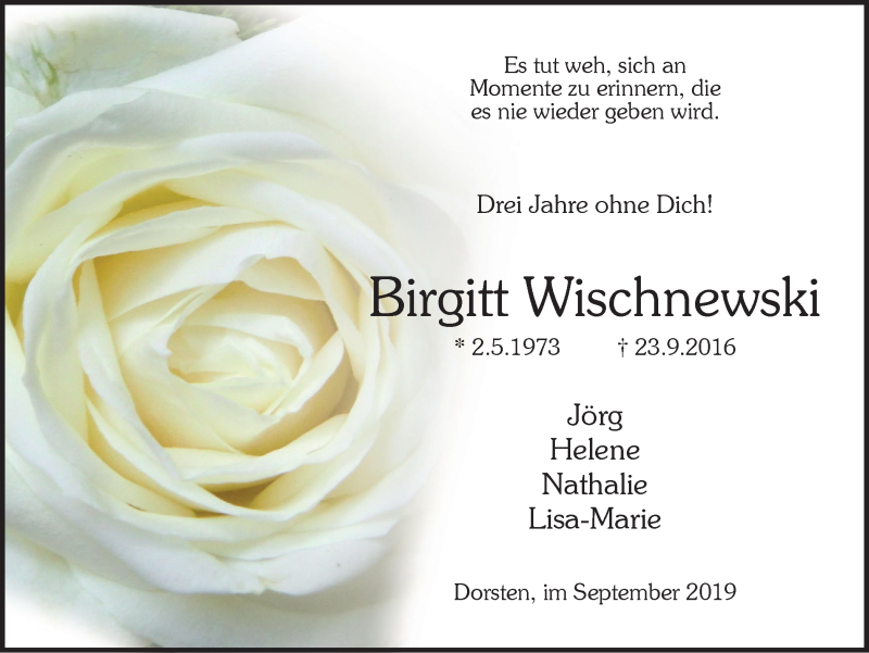  Traueranzeige für Birgitt Wischnewski vom 23.09.2019 aus Ruhr Nachrichten und Dorstener Zeitung
