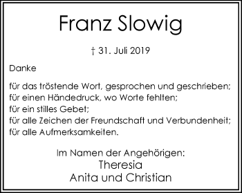Traueranzeige von Franz Slowig von Hellweger Anzeiger