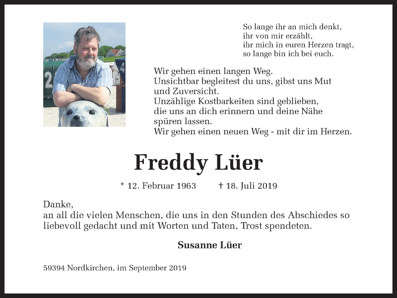  Traueranzeige für Freddy Lüer vom 07.09.2019 aus Ruhr Nachrichten