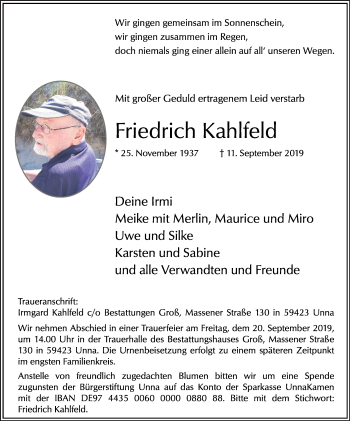 Traueranzeige von Friedrich Kahlfeld von Hellweger Anzeiger