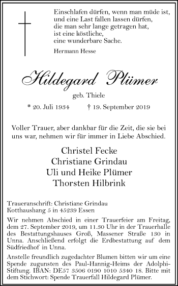 Traueranzeige von Hildegard Plümer von Hellweger Anzeiger