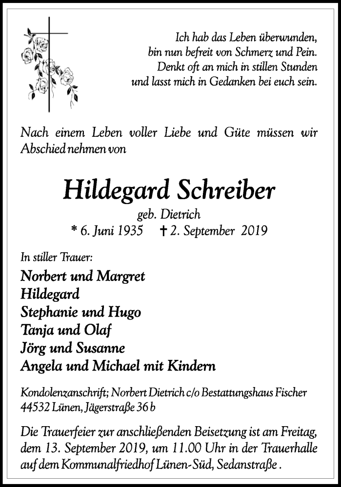  Traueranzeige für Hildegard Schreiber vom 07.09.2019 aus Ruhr Nachrichten