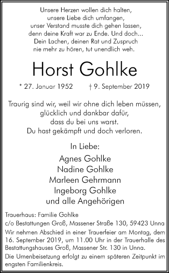 Traueranzeige von Horst Gohlke