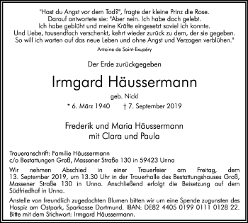 Traueranzeige von Irmgard Häussermann von Hellweger Anzeiger