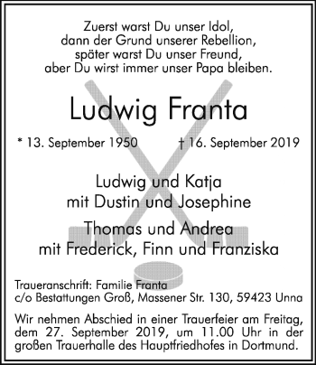 Traueranzeige von Ludwig Franta von Ruhr Nachrichten