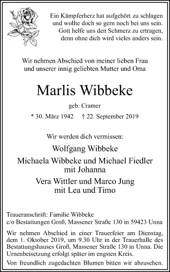 Traueranzeige von Marlis Wibbeke von Hellweger Anzeiger