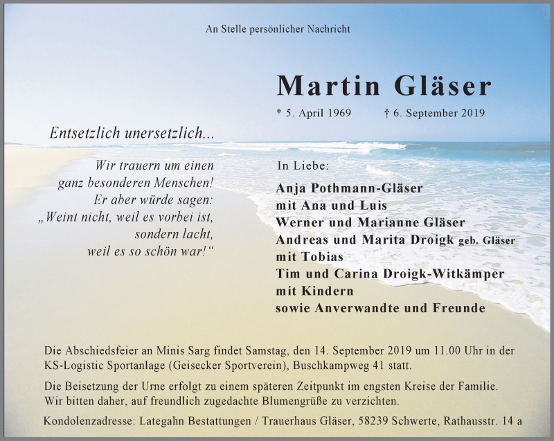  Traueranzeige für Martin Gläser vom 11.09.2019 aus Ruhr Nachrichten