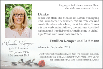 Traueranzeige von Monika Kemper von Münstersche Zeitung und Münsterland Zeitung