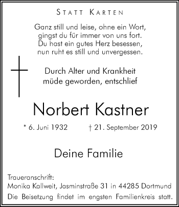 Traueranzeige von Norbert Kastner von Ruhr Nachrichten
