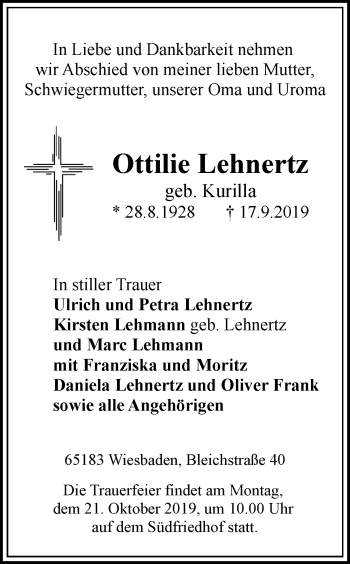 Traueranzeige von Ottilie Lehnertz von Ruhr Nachrichten