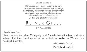 Traueranzeige von Reiner Giese von Hellweger Anzeiger