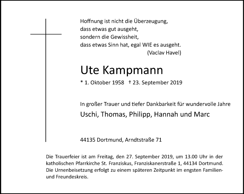  Traueranzeige für Ute Kampmann vom 25.09.2019 aus Ruhr Nachrichten