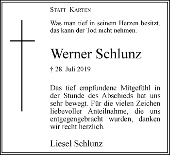 Traueranzeige von Werner Schlunz von Hellweger Anzeiger