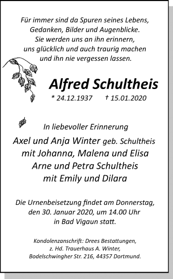 Traueranzeige von Alfred Schultheis von Ruhr Nachrichten