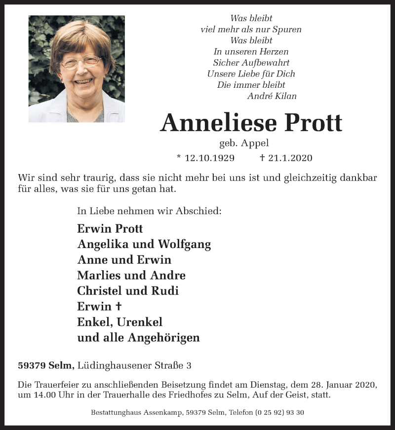 Traueranzeige für Anneliese Prott vom 24.01.2020 aus Ruhr Nachrichten
