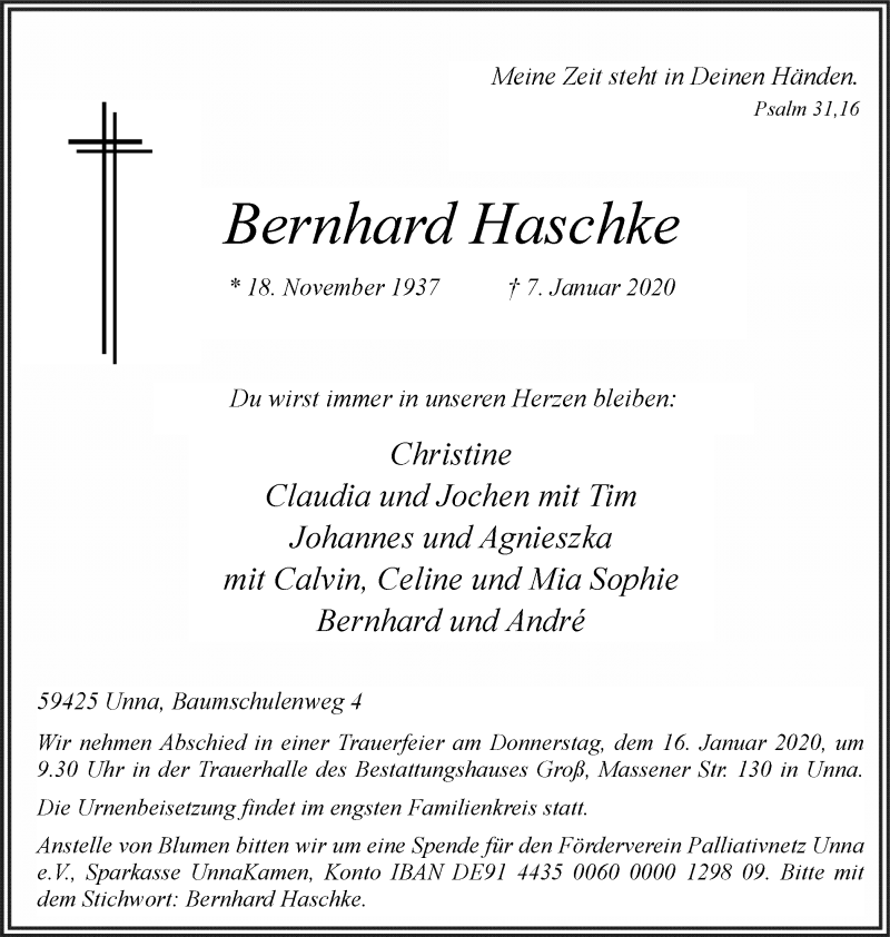  Traueranzeige für Bernhard Haschke vom 11.01.2020 aus Hellweger Anzeiger