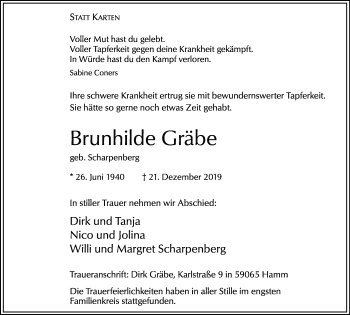 Traueranzeige von Brunhilde Gräbe von Hellweger Anzeiger