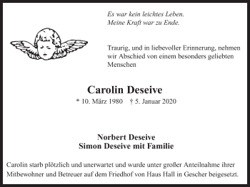 Traueranzeige von Carolin Deseive von Ruhr Nachrichten und Dorstener Zeitung