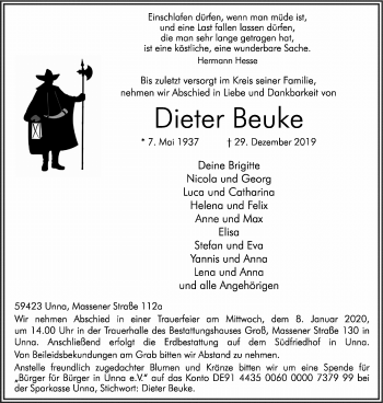 Traueranzeige von Dieter Beuke von Hellweger Anzeiger