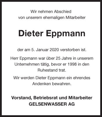 Traueranzeige von Dieter Eppmann von Hellweger Anzeiger